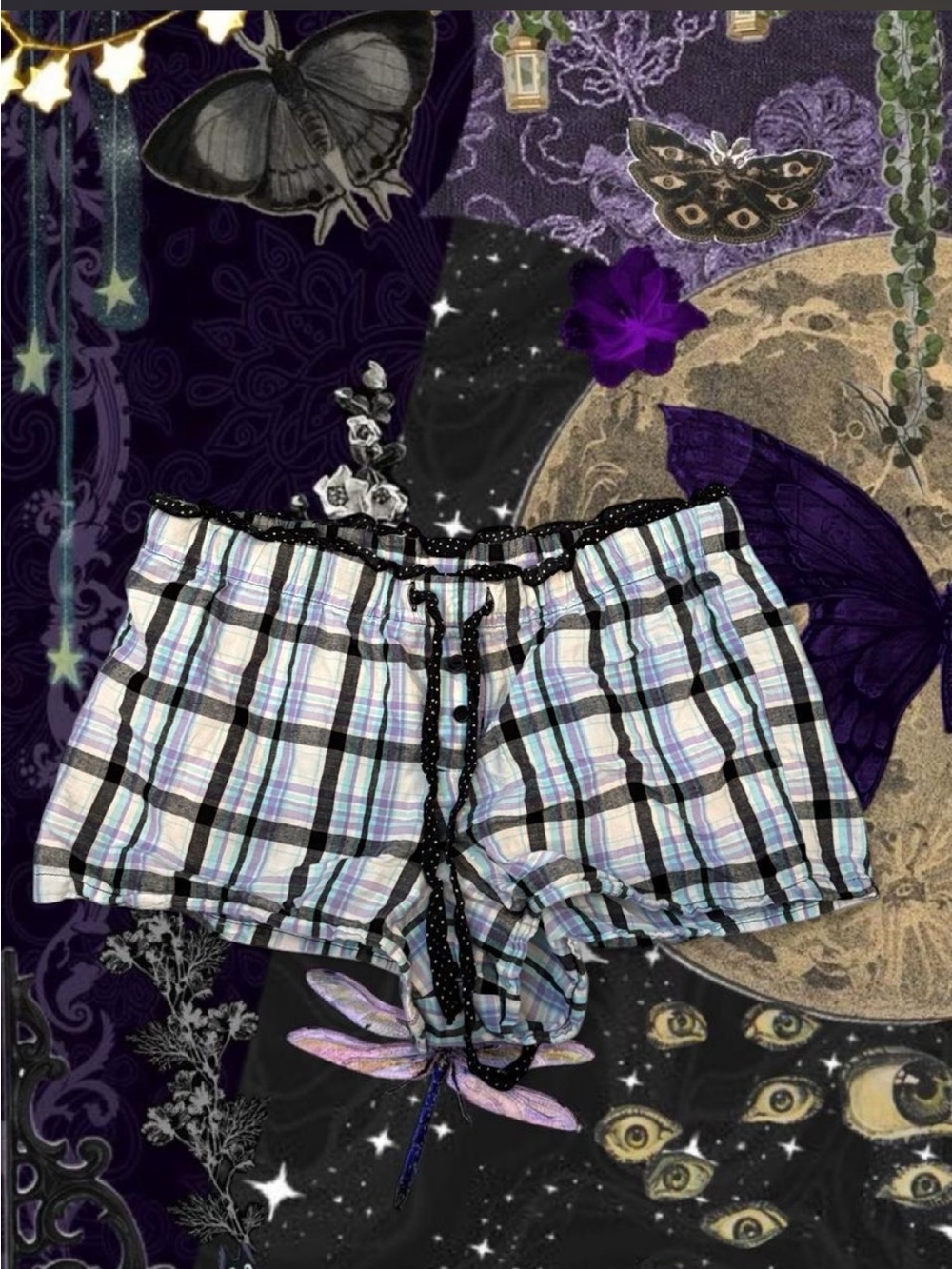 Faded Glory Purple & Blue Plaid Pajama Bottom Shorts w/ Polka Dot Bow